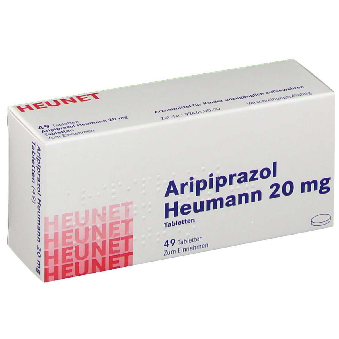 Aripiprazol Heumann 20 mg Tabletten-Packung. Weißer Karton mit roter Schrift. Enthält 49 Tabletten.