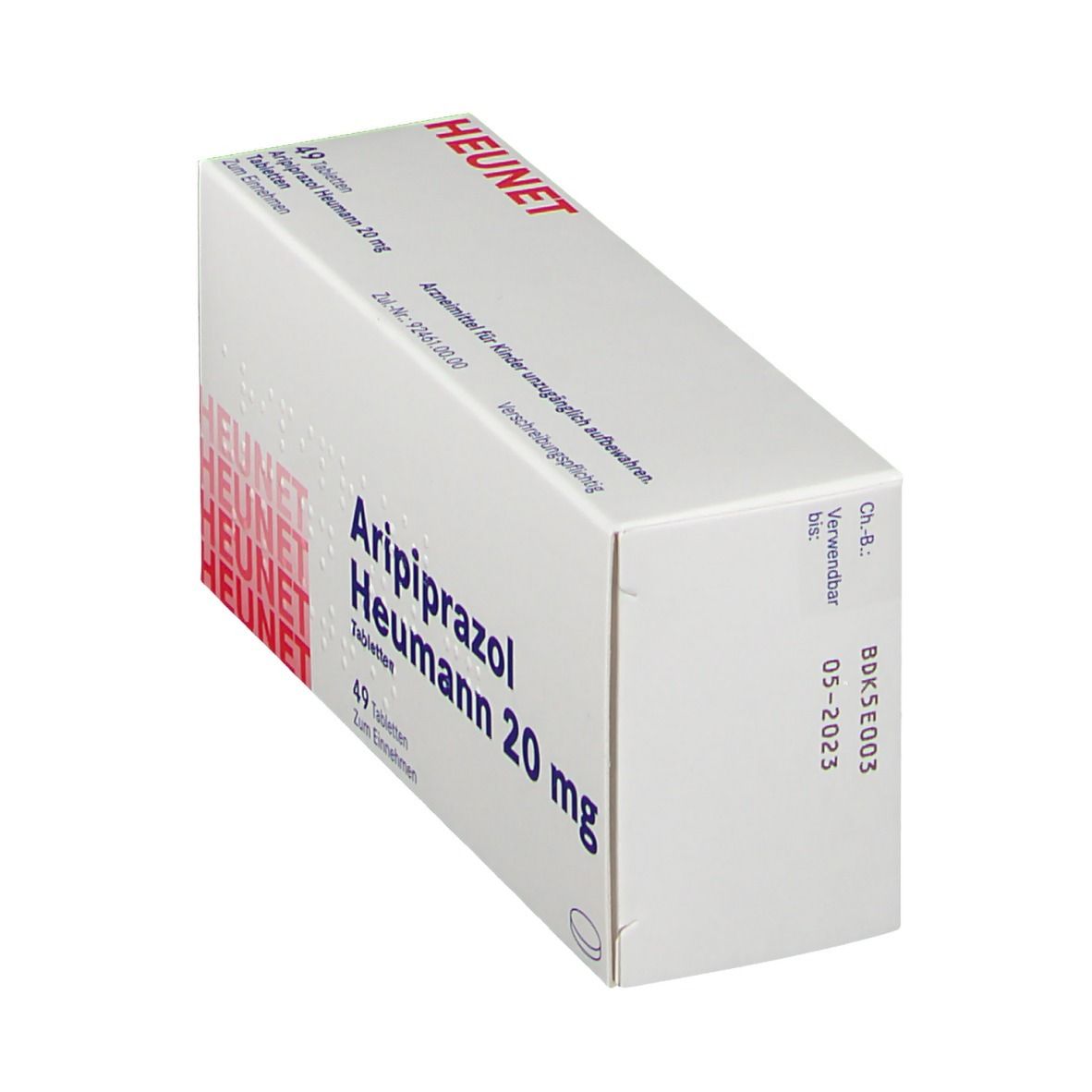 Aripiprazol Heumann 20 mg Tabletten-Packung. Schrägansicht. Weißer Karton mit roter Schrift. 49 Tabletten.