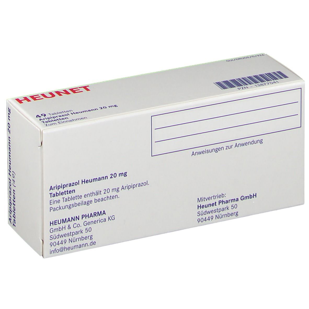 Rückseite der Aripiprazol Heumann 20 mg Tabletten-Packung. Weißer Karton mit Text und Barcode. 49 Tabletten.