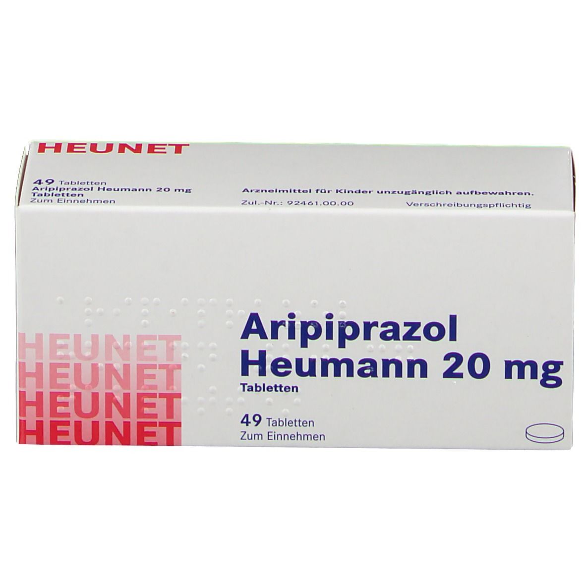 Aripiprazol Heumann 20 mg Tabletten-Packung. Weißer Karton mit roter Schrift. Enthält 49 Tabletten.