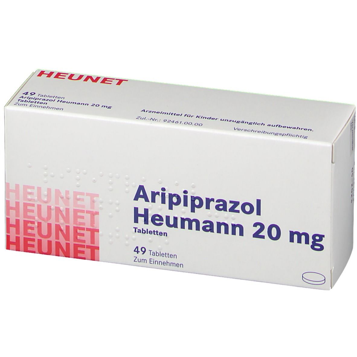 Aripiprazol Heumann 20 mg Tabletten-Packung. Weißer Karton mit roter Schrift. Enthält 49 Tabletten.