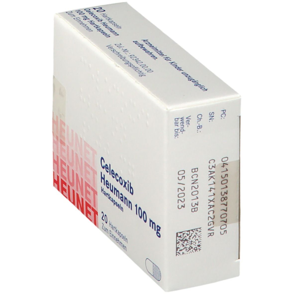 Schachtel Celecoxib Heumann 100 mg. Seitenansicht. Aufdruck: 20 Hartkapseln. HEUNET-Logo. Weiße Verpackung. Verfallsdatum 05/2023.