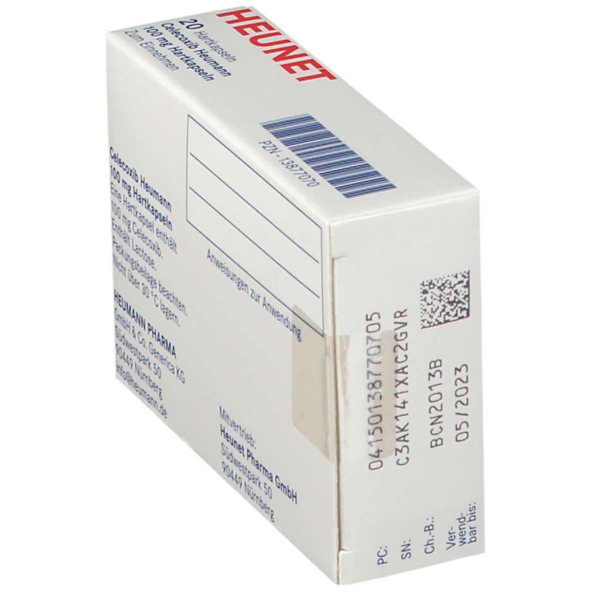 Schachtel Celecoxib Heumann 100 mg. Rückseite. Aufdruck: 20 Hartkapseln. HEUNET-Logo. Weiße Verpackung. Verfallsdatum 05/2023.