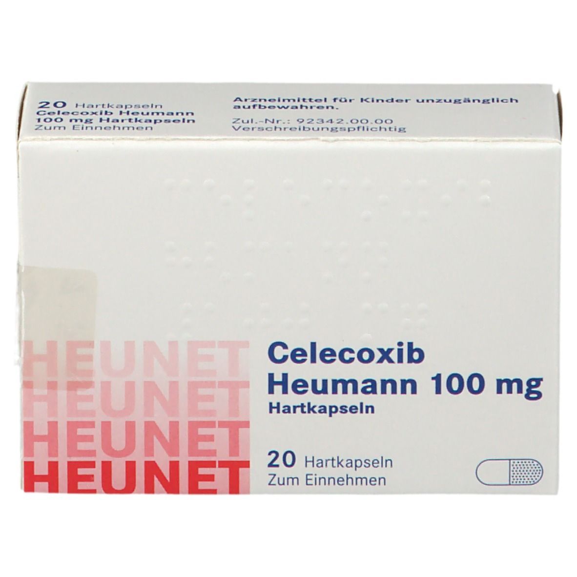 Schachtel mit Celecoxib Heumann 100 mg Hartkapseln. Aufschrift: 20 Hartkapseln. HEUNET-Logo. Weiße Verpackung mit roter Schrift.