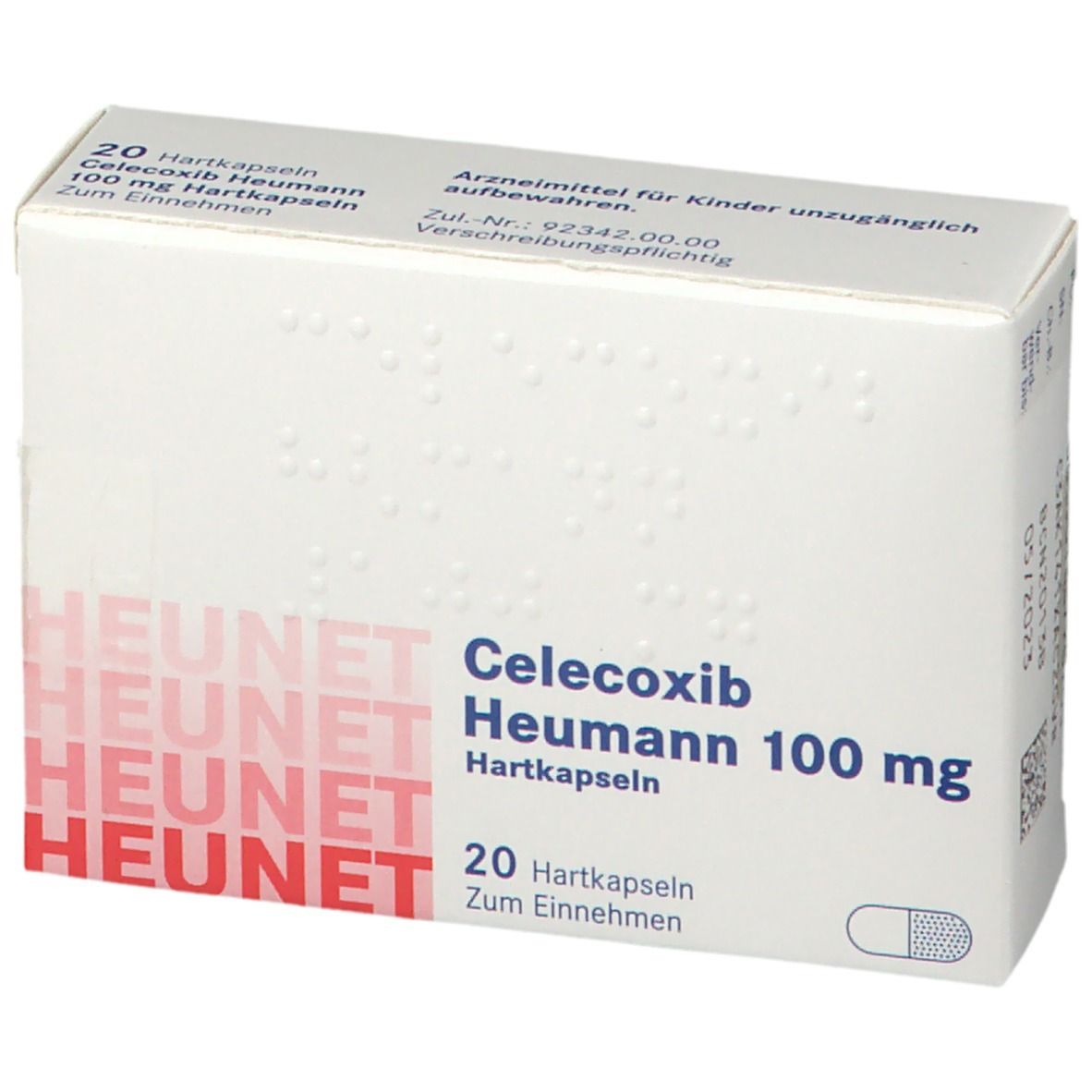 Schachtel mit Celecoxib Heumann 100 mg Hartkapseln. Aufschrift: 20 Hartkapseln. HEUNET-Logo. Weiße Verpackung mit roter Schrift.