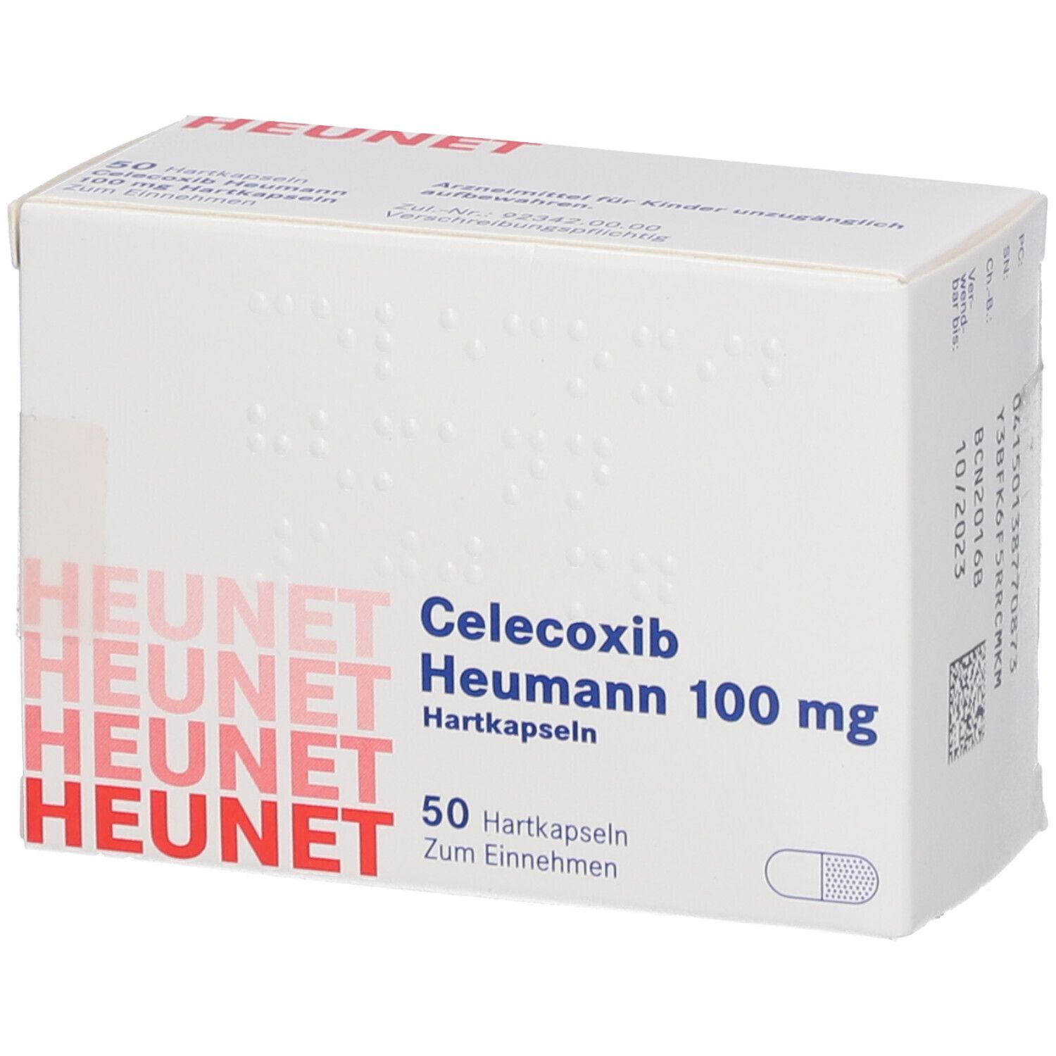 Schachtel mit Celecoxib Heumann 100 mg Hartkapseln. Aufdruck: HEUNET, 50 Hartkapseln. Weiße Verpackung mit roter Schrift.