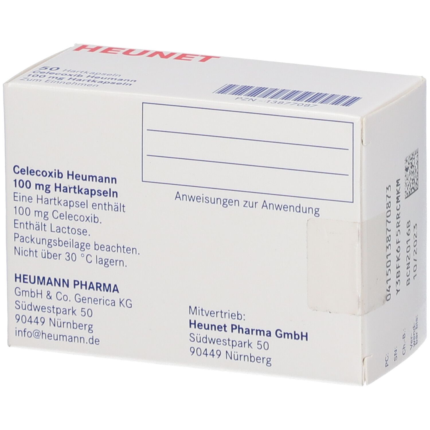 Schachtel mit Celecoxib Heumann 100 mg Hartkapseln. Aufdruck: HEUNET, 50 Hartkapseln. Weiße Verpackung mit roter Schrift.