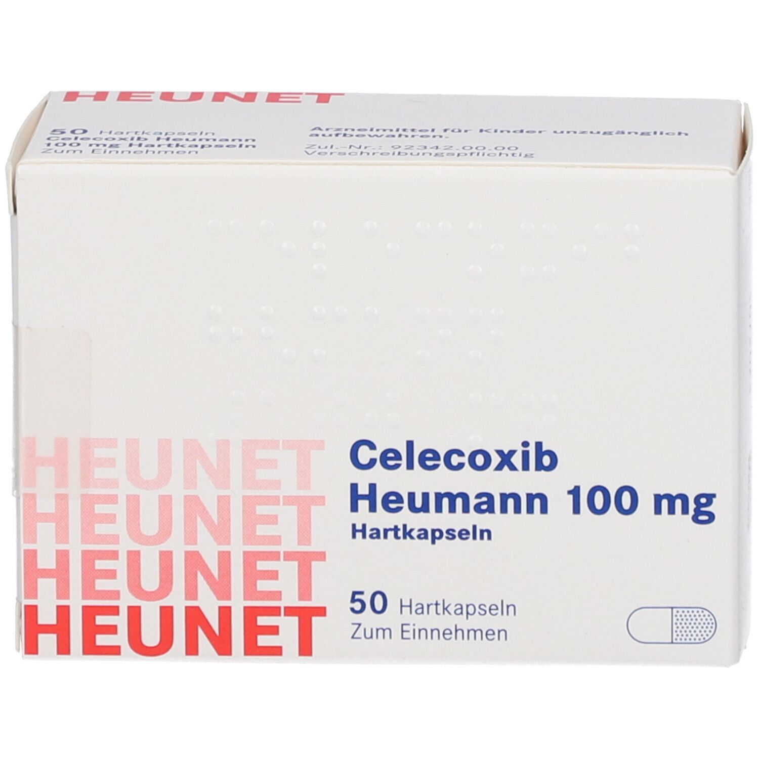 Schachtel mit Celecoxib Heumann 100 mg Hartkapseln. Aufdruck: HEUNET, 50 Hartkapseln. Weiße Verpackung mit roter Schrift.