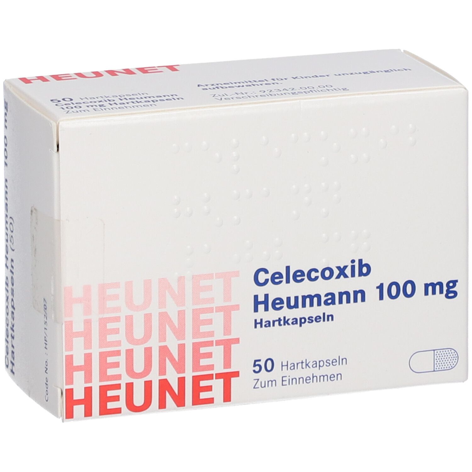 Schachtel mit Celecoxib Heumann 100 mg Hartkapseln. Aufdruck: HEUNET, 50 Hartkapseln. Weiße Verpackung mit roter Schrift.