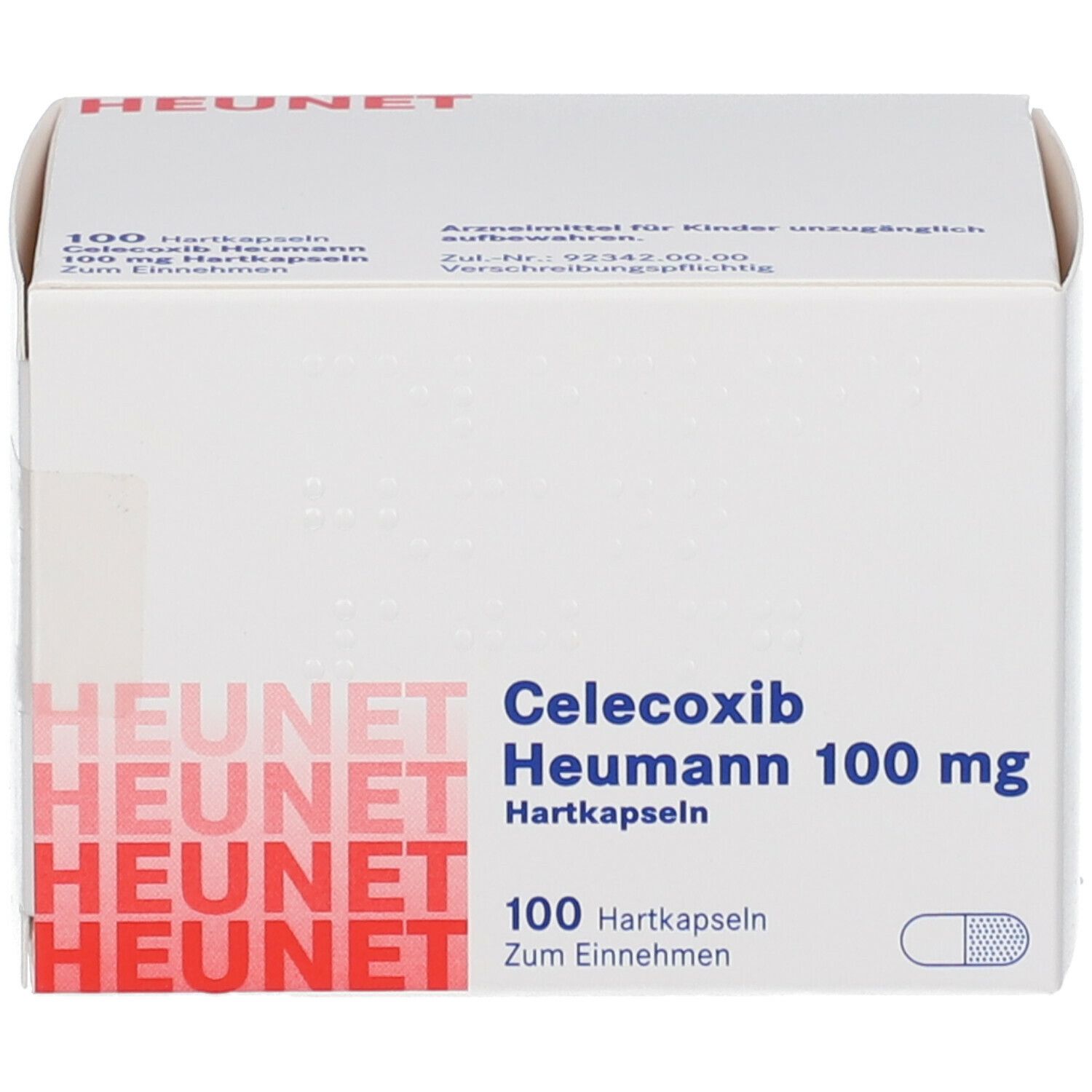 Weiße Schachtel mit roter und weißer Aufschrift HEUMANN. Aufschrift: Celecoxib Heumann 100 mg Hartkapseln. 100 Hartkapseln.