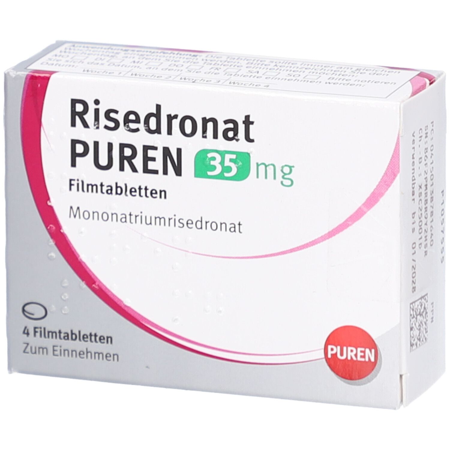 Schachtel mit Risedronat PUREN 35 mg Filmtabletten. 4 Tabletten. Aufdruck: Mononatriumrisedronat.