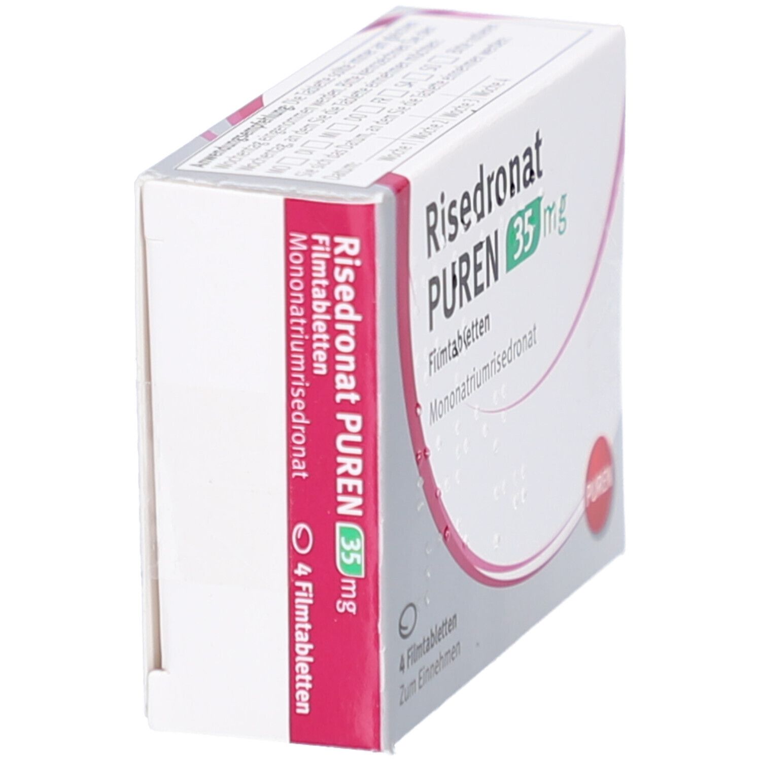 Schachtel mit Risedronat PUREN 35 mg. Aufdruck: Mononatriumrisedronat. 4 Filmtabletten. Rote und weiße Verpackung.