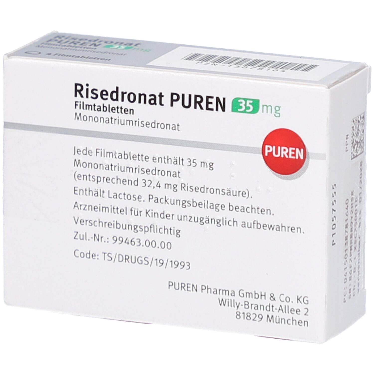 Schachtel mit Risedronat PUREN 35 mg Filmtabletten. Aufdruck: Mononatriumrisedronat. Enthält 4 Tabletten.