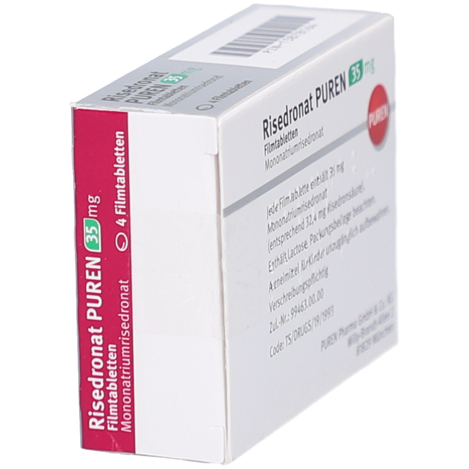 Schachtel mit Risedronat PUREN 35 mg Filmtabletten. Aufdruck: Mononatriumrisedronat. 4 Tabletten. Rote Verpackung.