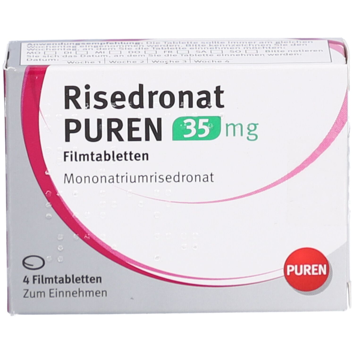 Schachtel mit Risedronat PUREN 35 mg Filmtabletten. 4 Tabletten. Aufdruck: Mononatriumrisedronat. Zum Einnehmen.