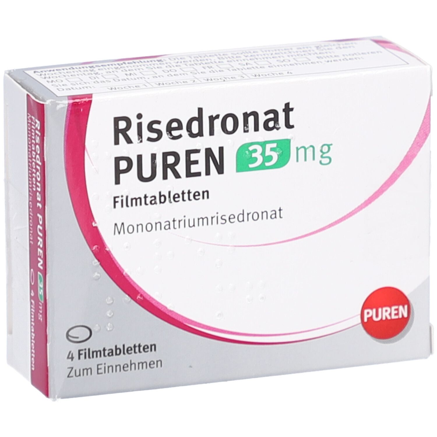 Schachtel mit Risedronat PUREN 35 mg Filmtabletten. 4 Tabletten. Aufdruck: Mononatriumrisedronat. Weiße Verpackung.