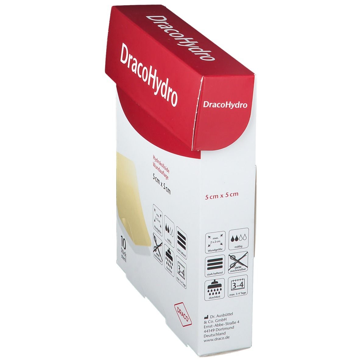 DracoHydro Hydrokolloid-Wundauflage 5x5 cm, 10 sterile Stück. Seitenansicht der Verpackung.
