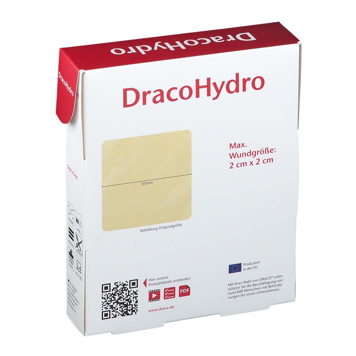 DracoHydro Hydrokolloid-Wundauflage 5x5 cm. Rückseite der Verpackung mit Größenangabe 2x2 cm.