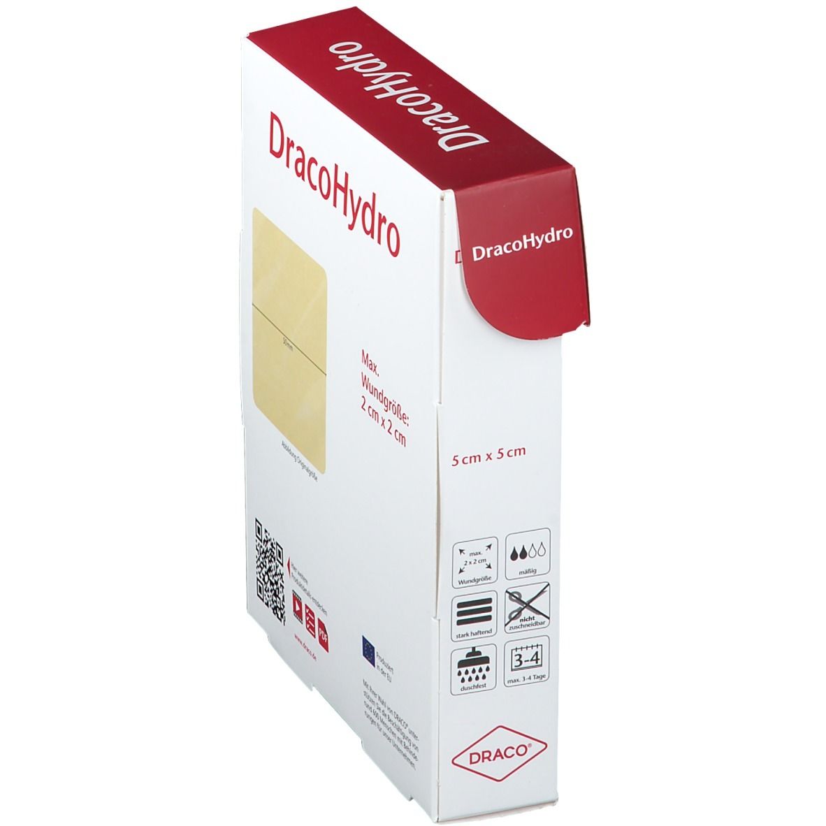 DracoHydro Hydrokolloid-Wundauflage 5x5 cm. Seitenansicht der Verpackung mit Größenangabe 2x2 cm.