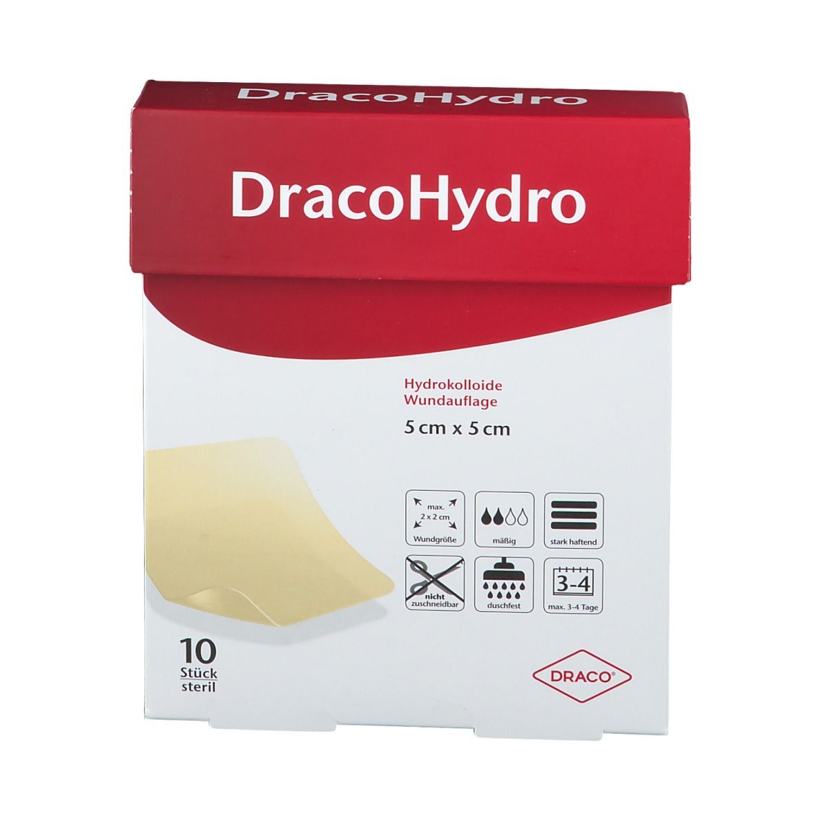 DracoHydro Hydrokolloid-Wundauflage 5x5 cm, 10 sterile Stück. Vorderseite der Verpackung.