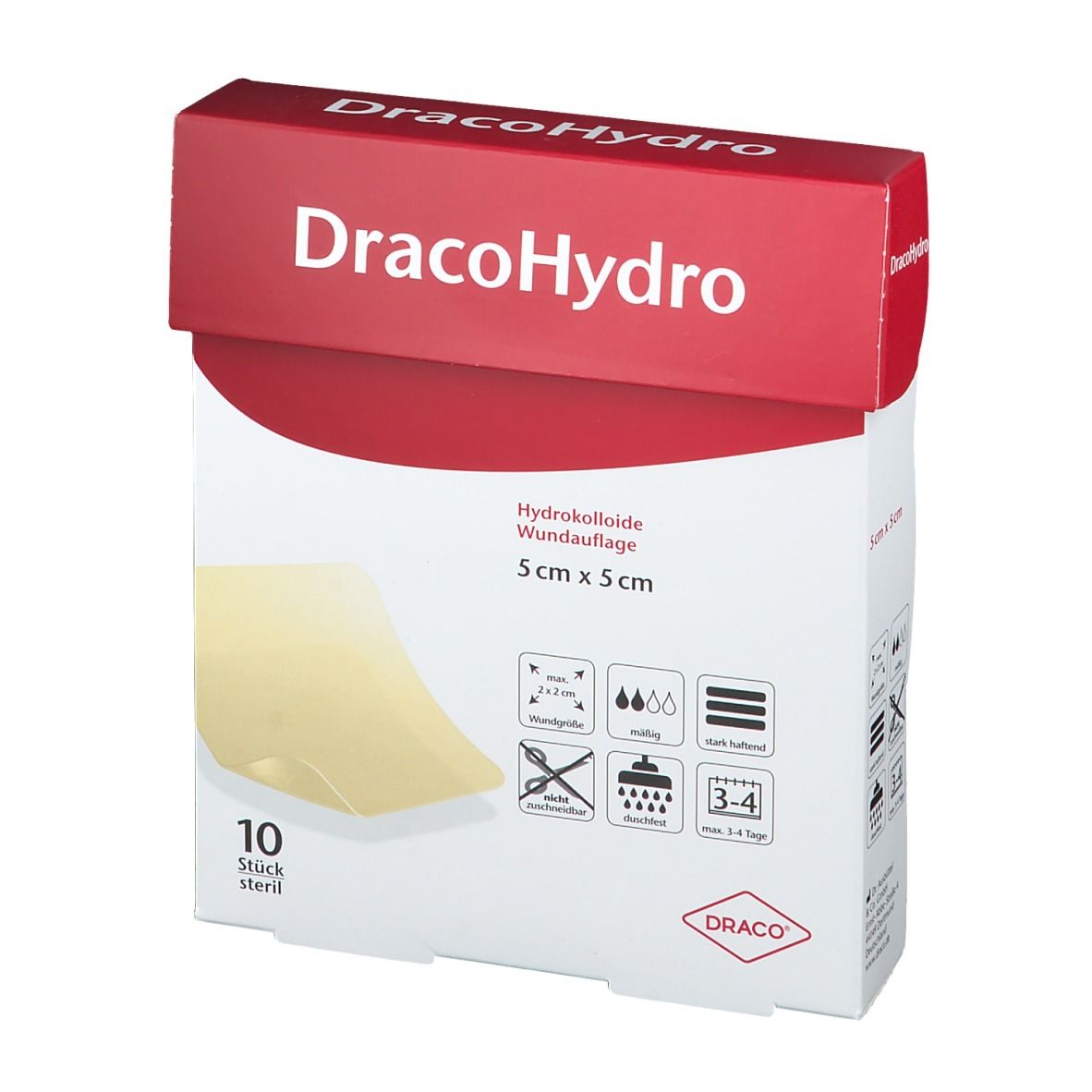 DracoHydro Hydrokolloid-Wundauflage 5x5 cm, 10 sterile Stück. Verpackung mit Produktabbildung.