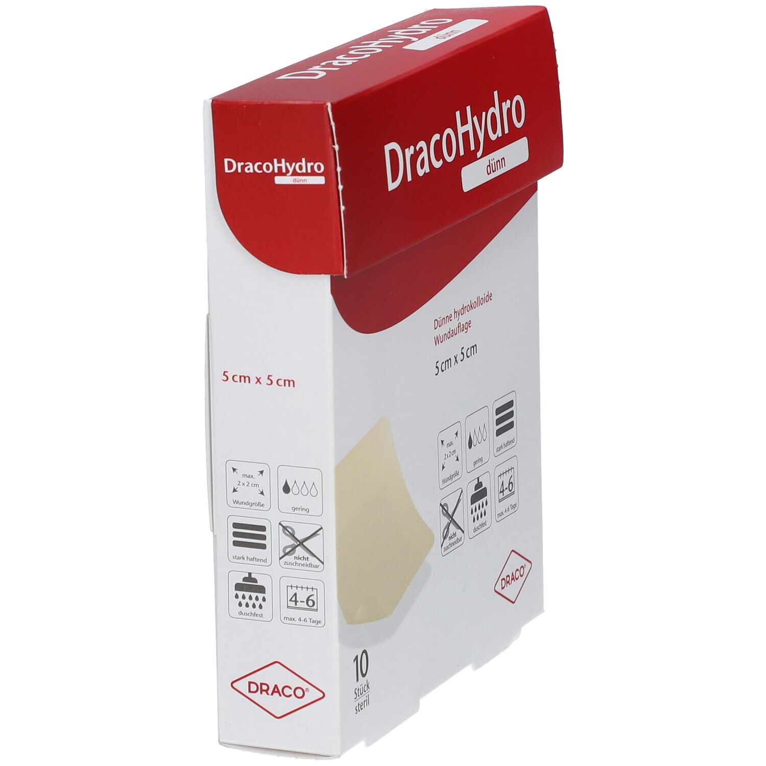 Verpackung der DracoHydro dünn Hydrokolloid-Wundauflage, 5x5 cm.