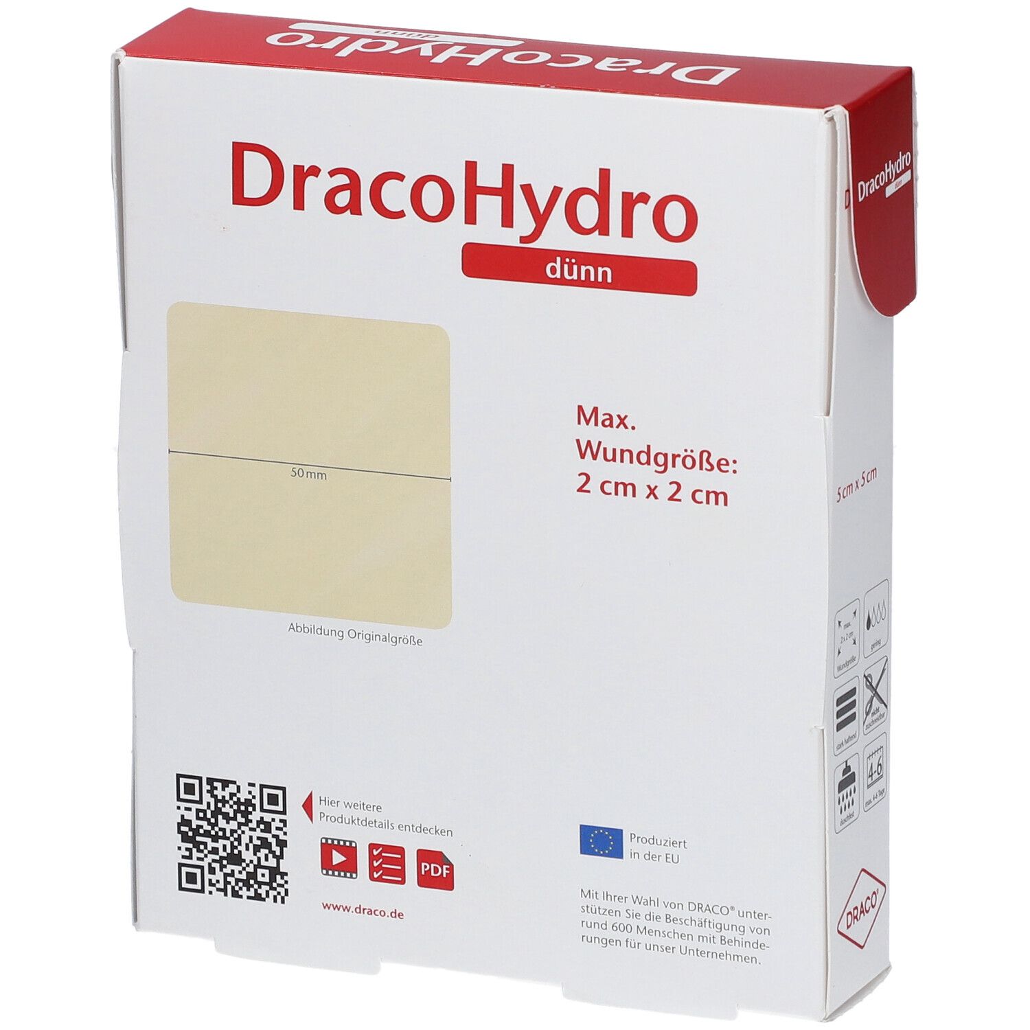 Rückseite der DracoHydro dünn Hydrokolloid-Wundauflage-Verpackung, max. Wundgröße 2x2 cm.