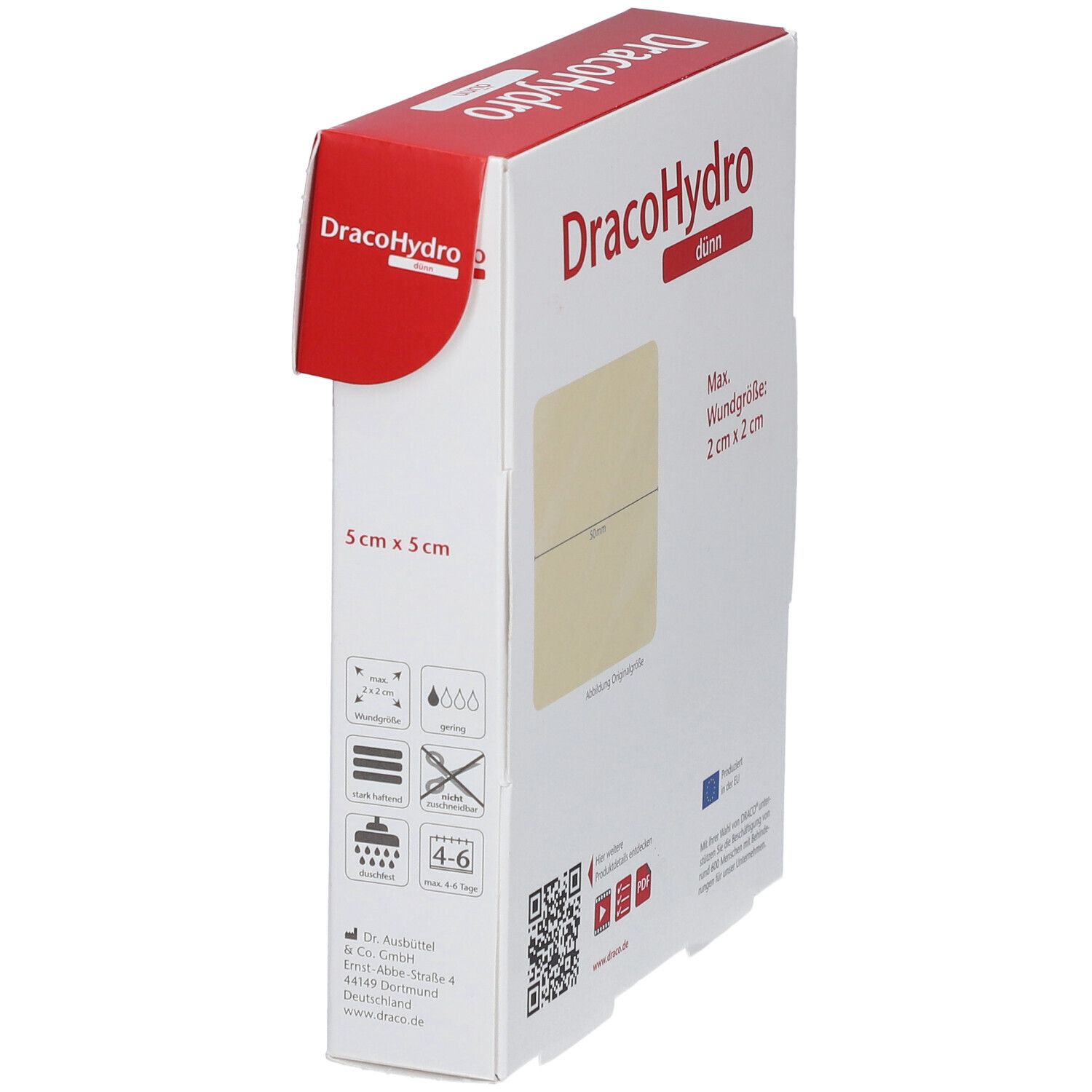 Seitenansicht der DracoHydro dünn Hydrokolloid-Wundauflage-Verpackung.