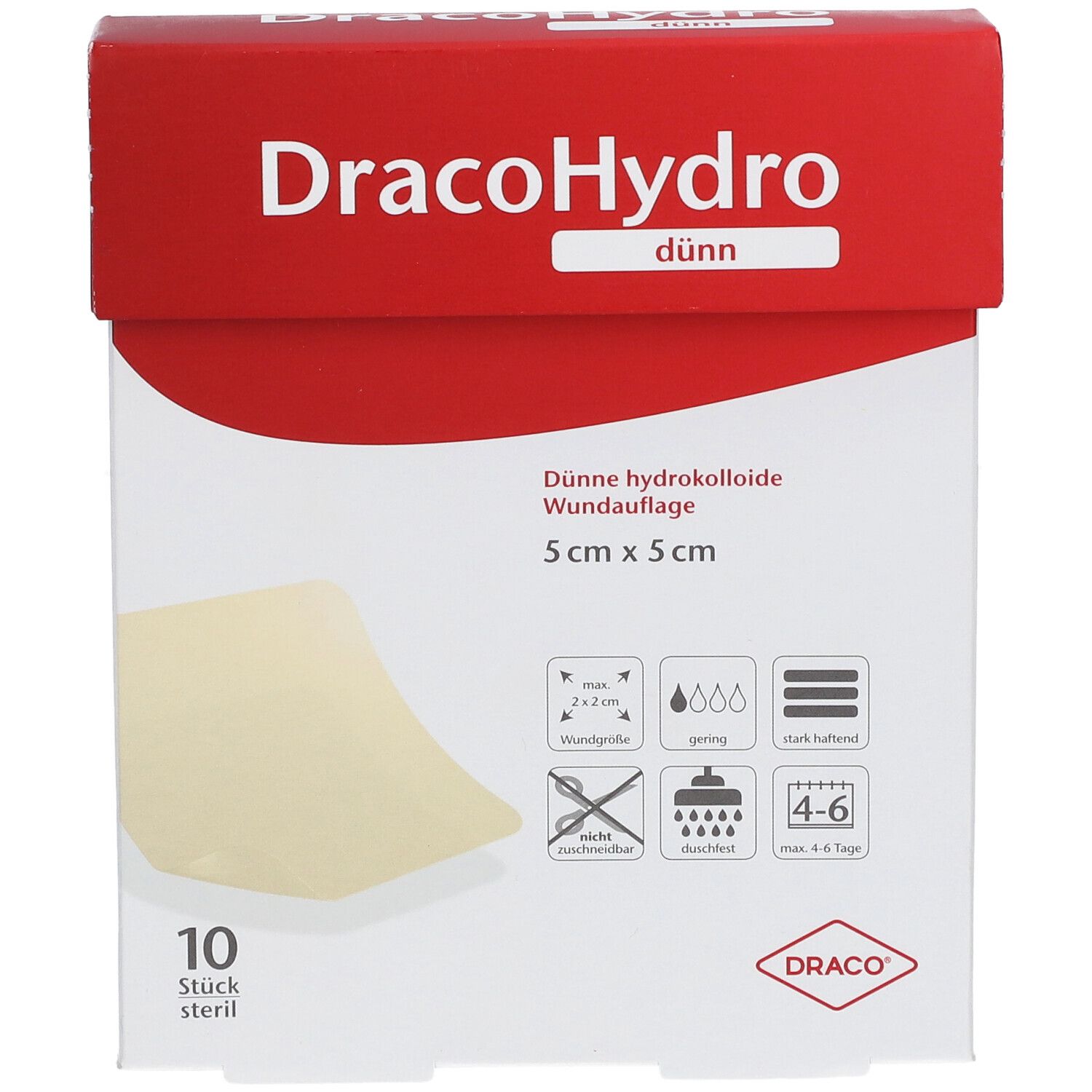 DracoHydro dünn Hydrokolloid-Wundauflage, 5x5 cm, mit Symbolen für Anwendungshinweise.