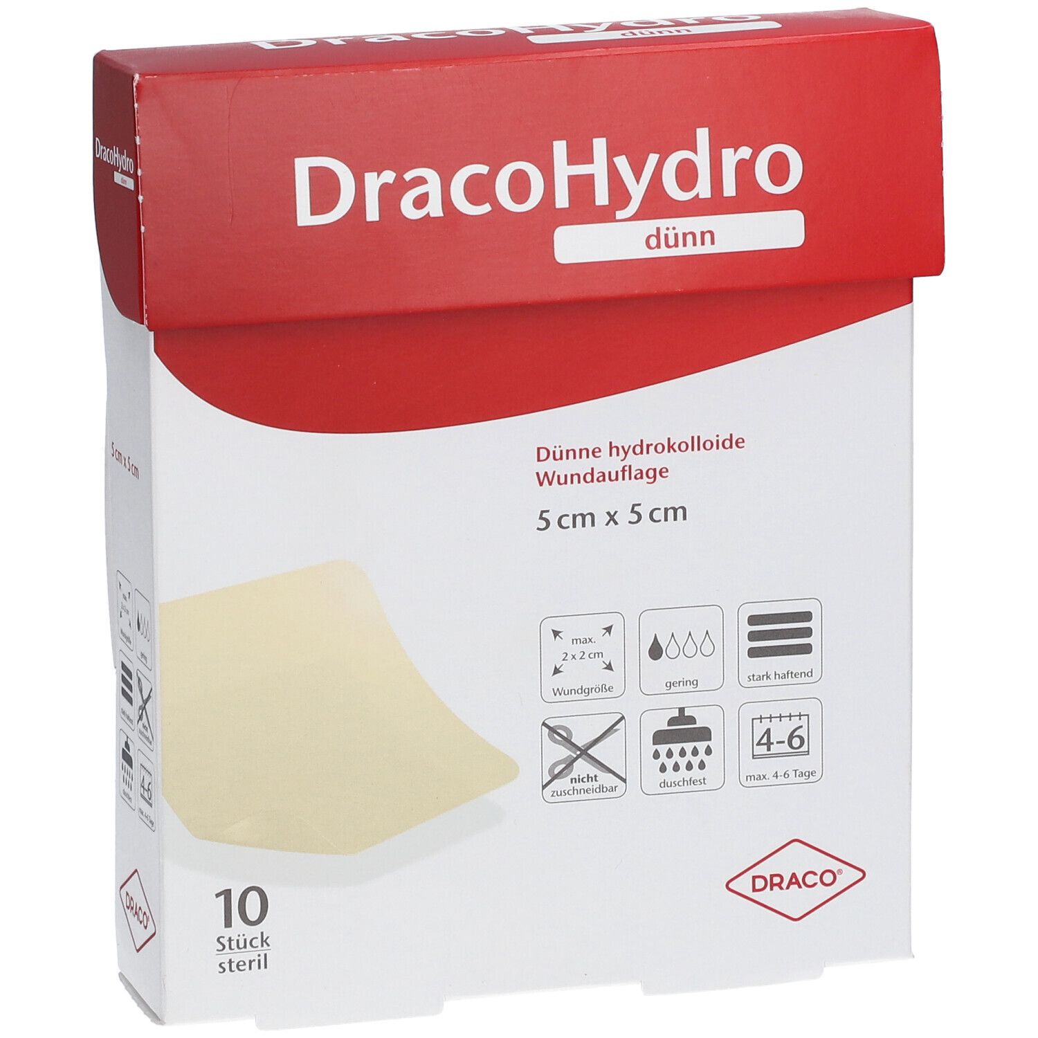Vorderseite der DracoHydro dünn Hydrokolloid-Wundauflage-Verpackung, 10 Stück steril.