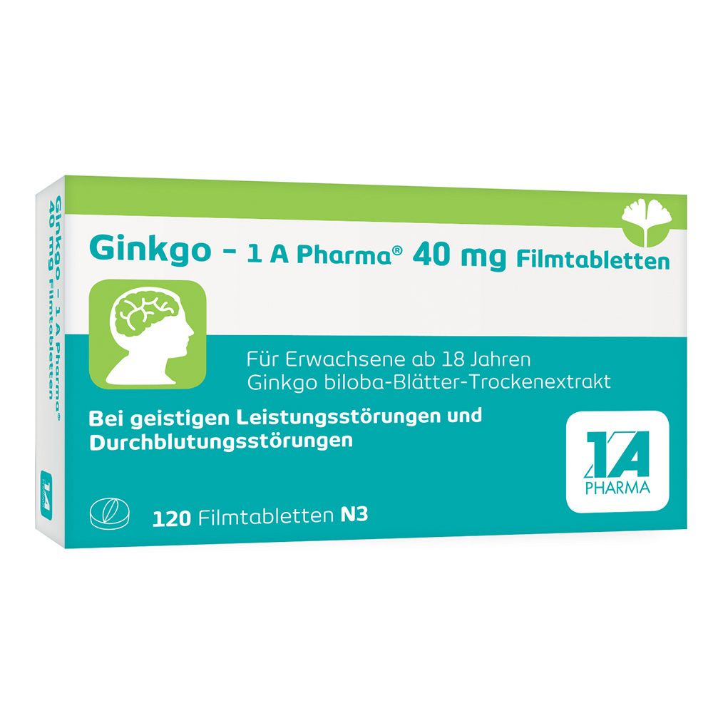 Schachtel mit Ginkgo - 1 A Pharma® 40 mg Filmtabletten. Grün-weiße Verpackung mit Produktinformationen und Logo.