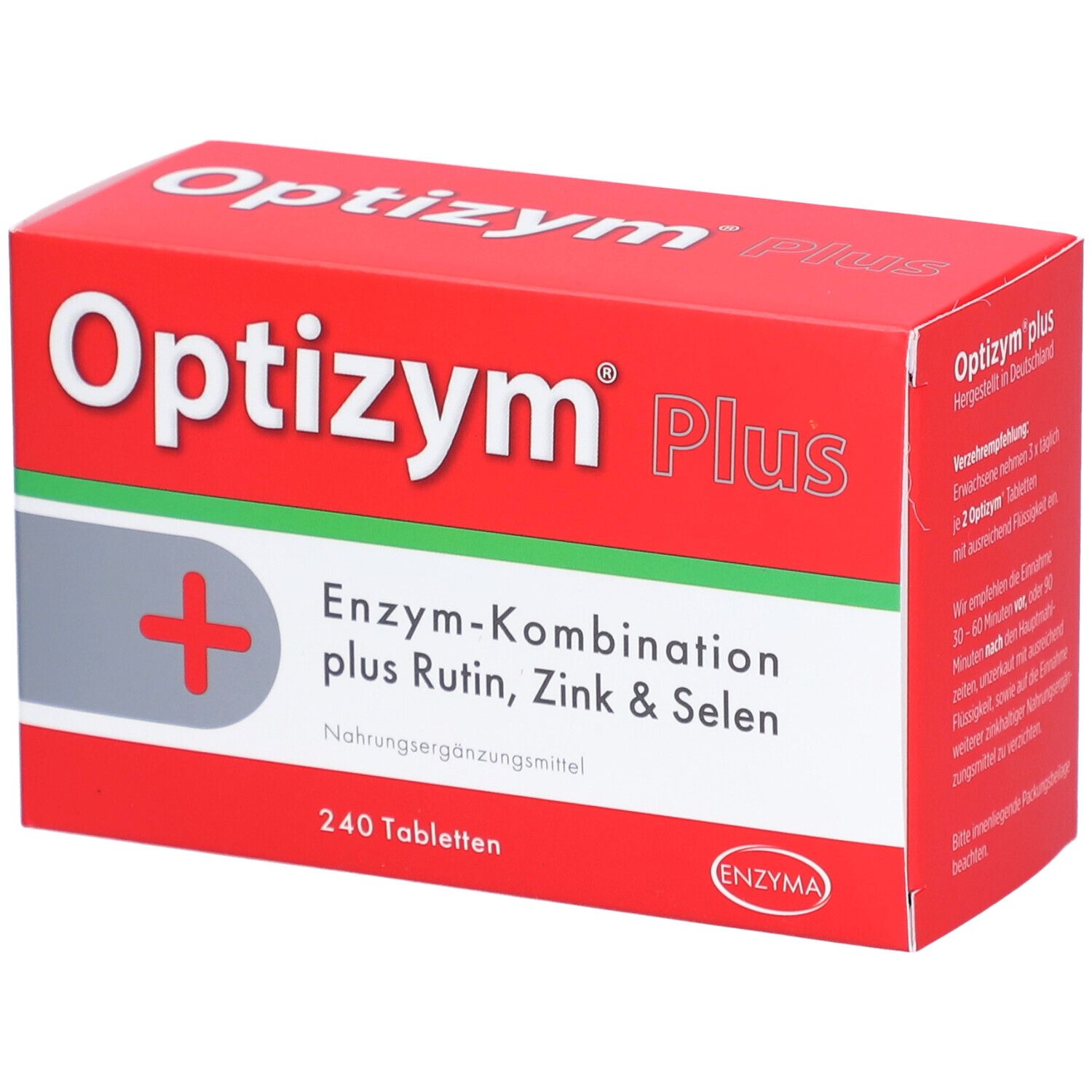 Rote Schachtel "Optizym Plus". Enthält 240 Tabletten. Aufschrift: Enzym-Kombination plus Rutin, Zink & Selen. Marke: ENZYMA.