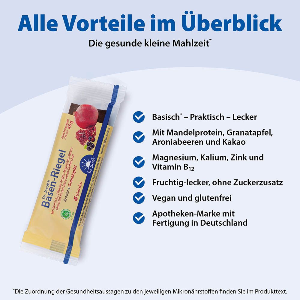 Dr. Jacob's Basen-Riegel Granatapfel Dattel Frucht Protein Vitamin B12 vegan