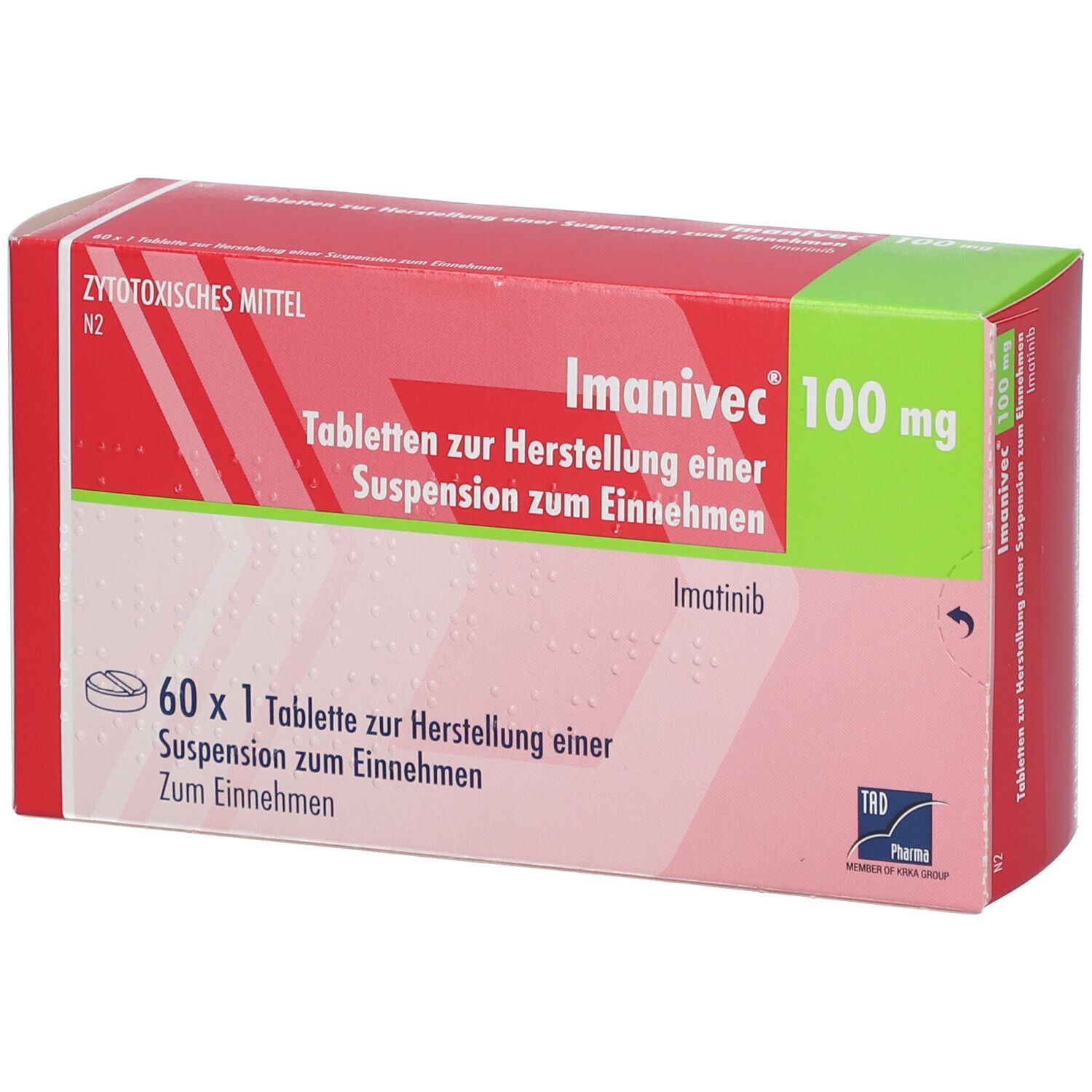 Schachtel Imanivec 100 mg. Rote und grüne Verpackung. Enthält Tabletten zur Herstellung einer Suspension zum Einnehmen.