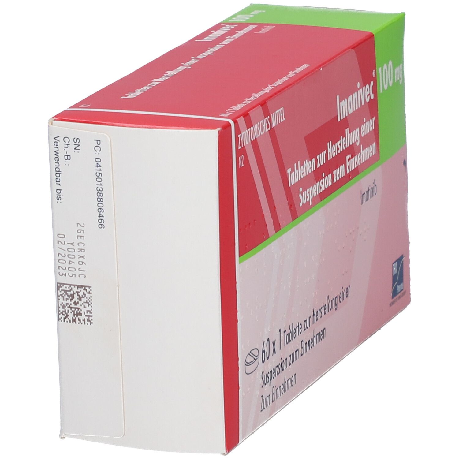 Schachtel Imanivec 100 mg, rote und grüne Verpackung. Seitenansicht mit Text und Barcode.