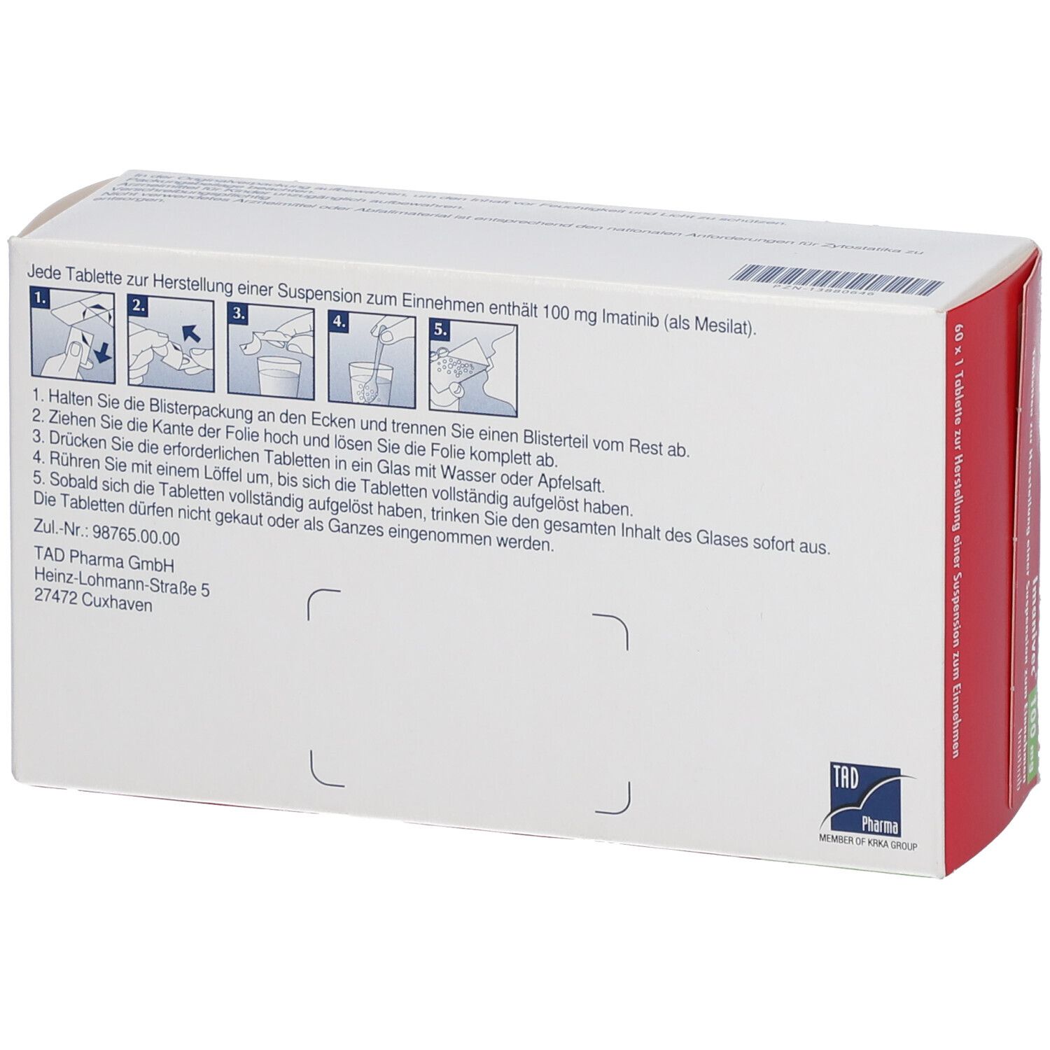 Rückseite der Imanivec 100 mg Schachtel. Enthält Anweisungen und Herstellerinformationen.