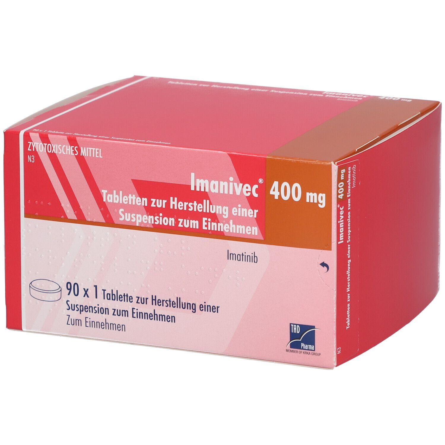 Verpackung von Imanivec® 400 mg. Rote und weiße Schachtel mit Produktnamen, Dosierung und Inhaltsstoff. Enthält 90 Tabletten.