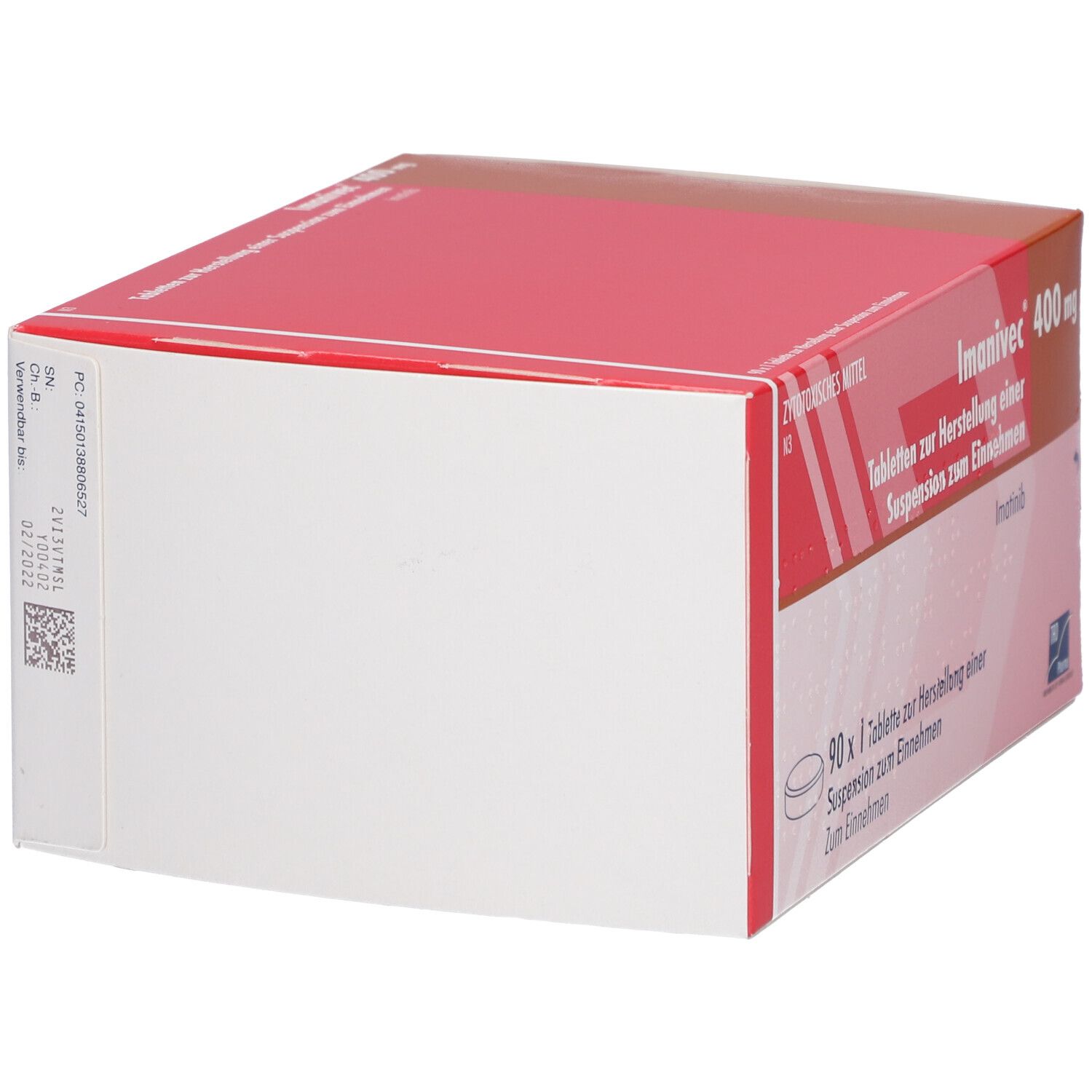 Rückseite der Imanivec® 400 mg Verpackung. Weiße Fläche mit Barcode, Chargennummer und Verfallsdatum. Roter Rand.