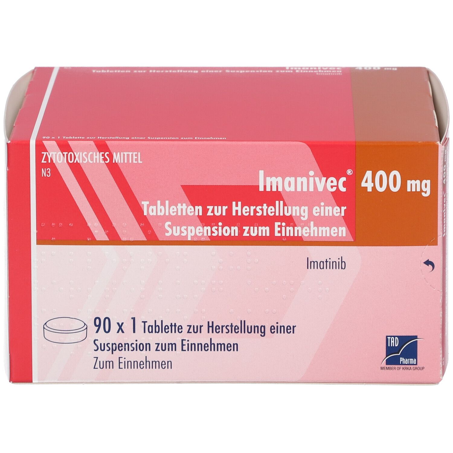 Verpackung von Imanivec® 400 mg. Rote und weiße Schachtel mit Produktnamen, Dosierung und Inhaltsstoff. Enthält 90 Tabletten.