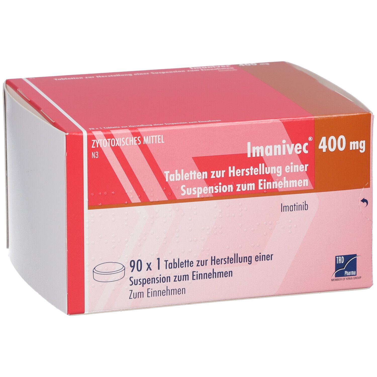 Verpackung von Imanivec® 400 mg. Rote und weiße Schachtel mit Produktnamen, Dosierung und Inhaltsstoff. Enthält 90 Tabletten.