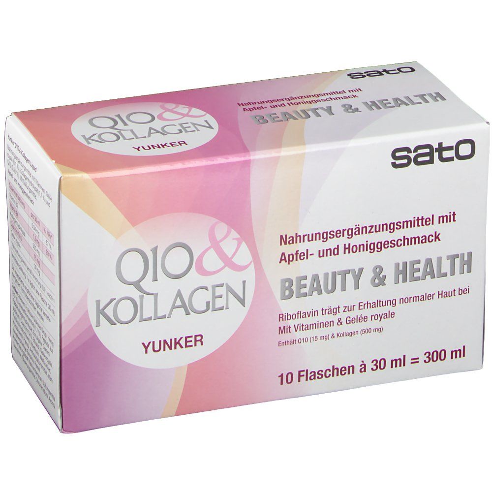Karton mit Produktaufschrift. Aufschrift: Q10 & Kollagen, Yunker, Sato. 10 Flaschen à 30 ml = 300 ml.