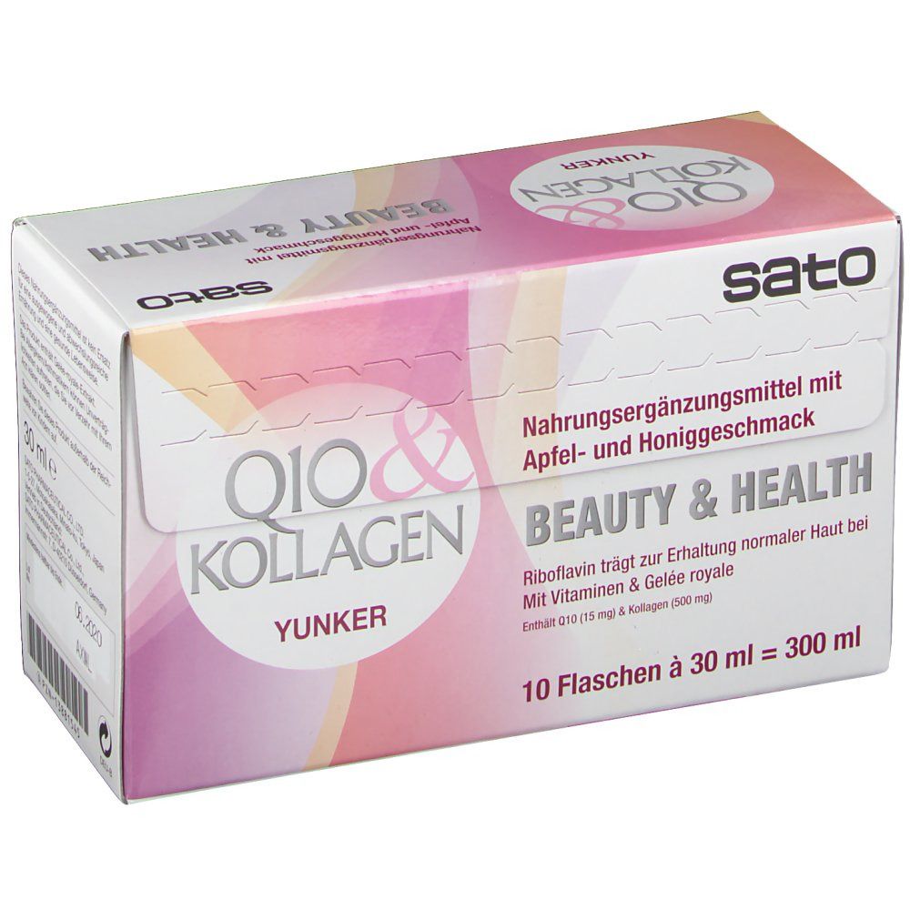 Karton mit Produktaufschrift. Aufschrift: Q10 & Kollagen, Yunker, Sato. 10 Flaschen à 30 ml = 300 ml.