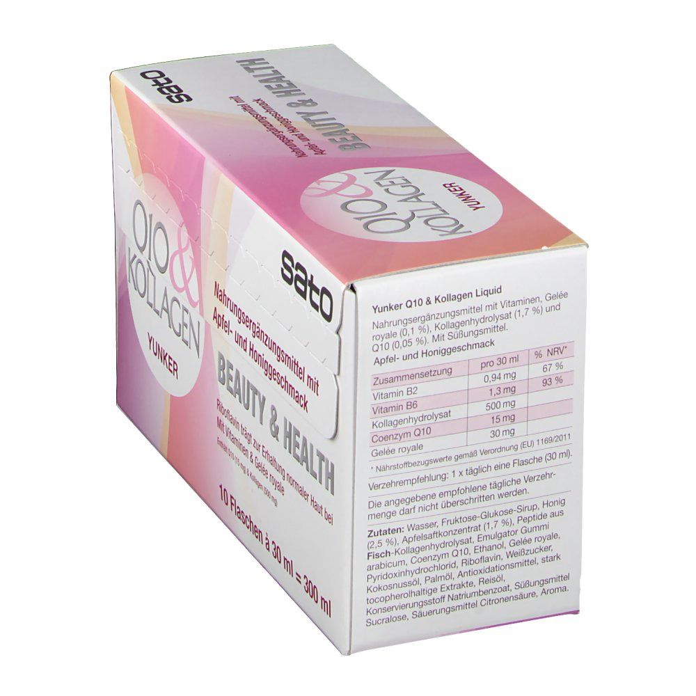 Karton mit Produktaufschrift. Aufschrift: Q10 & Kollagen, Yunker, Sato. 10 Flaschen à 30 ml = 300 ml. Detailansicht der Inhaltsstoffe.