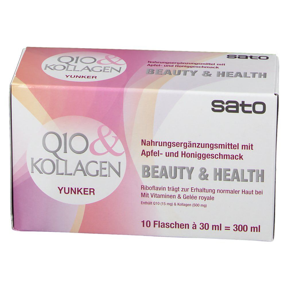 Karton mit Produktaufschrift. Aufschrift: Q10 & Kollagen, Yunker, Sato. 10 Flaschen à 30 ml = 300 ml.