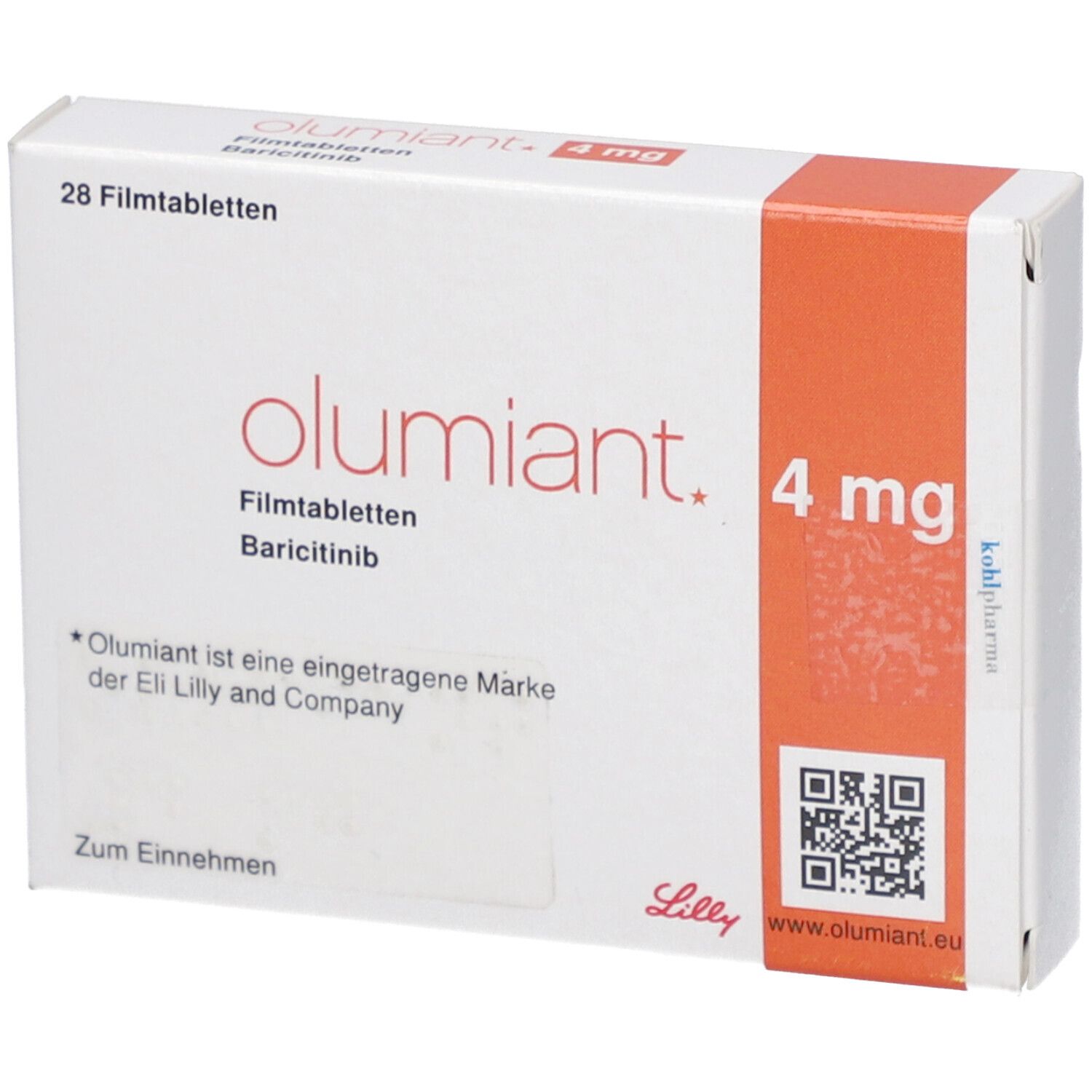 Schachtel mit OLUMIANT 4 mg Filmtabletten. Enthält 28 Tabletten. Aufdruck: Baricitinib, Lilly-Logo, 4 mg.