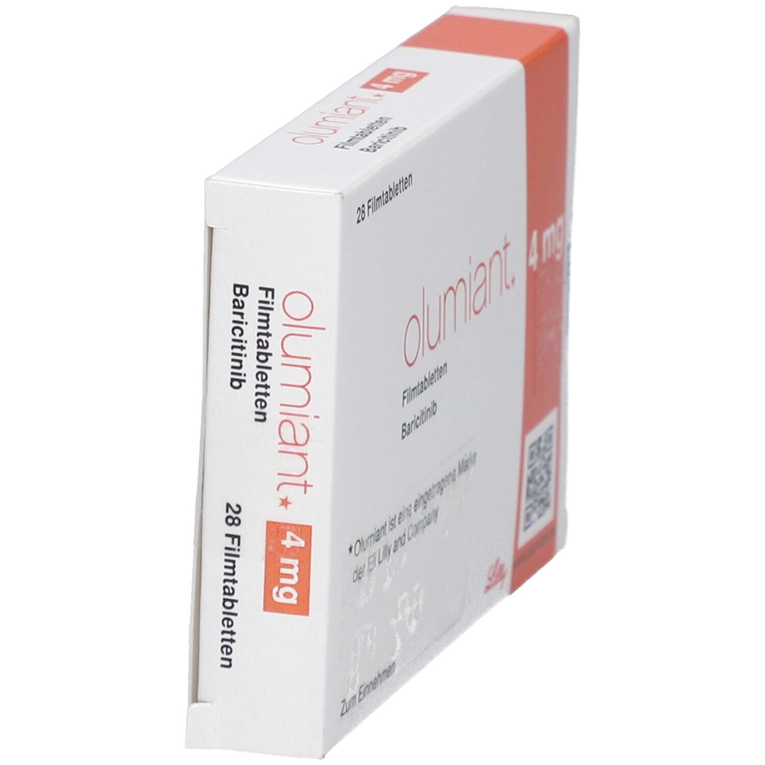 Schachtel mit OLUMIANT 4 mg Filmtabletten. Seitenansicht. Aufschrift: 28 Filmtabletten, Baricitinib. Orangefarbener Streifen.