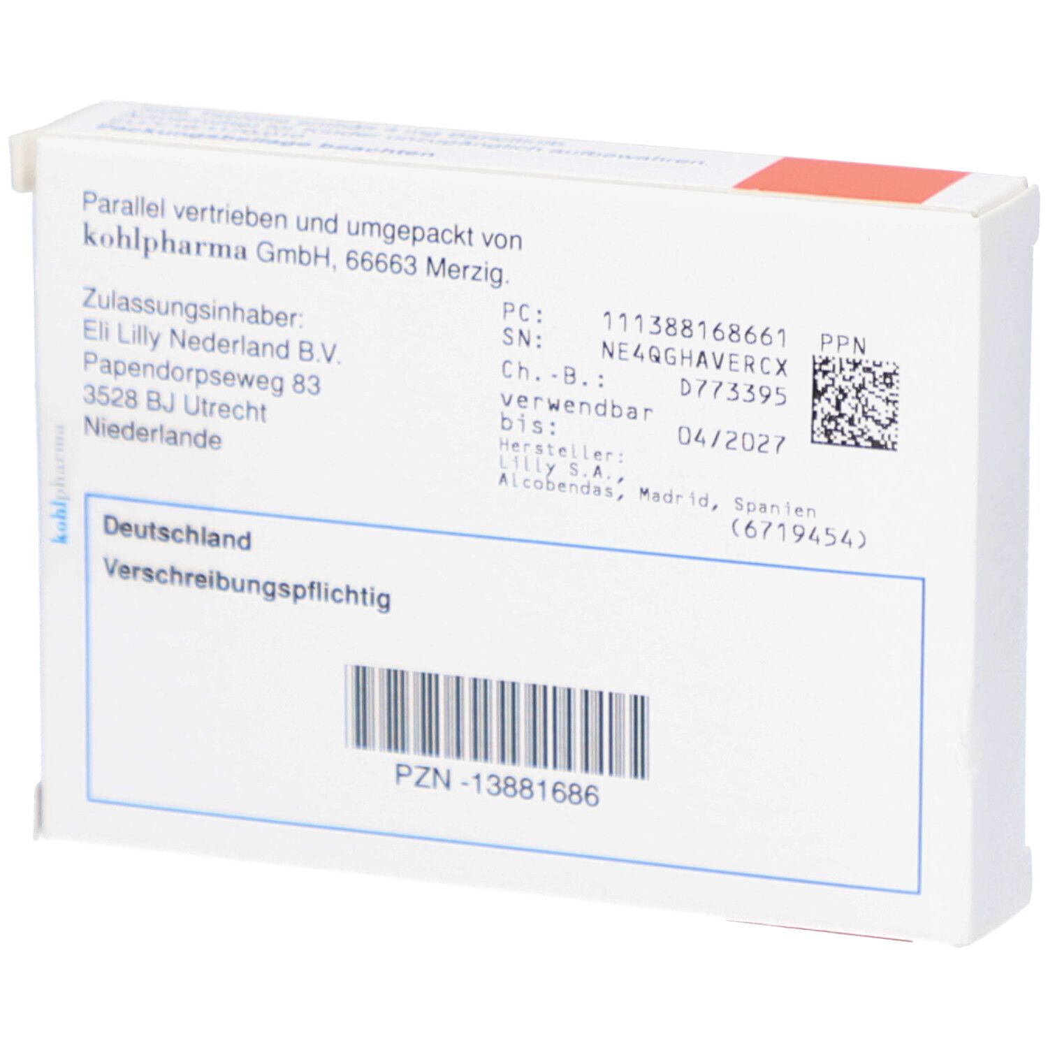 Rückseite der Medikamentenverpackung. Enthält Informationen wie Hersteller, Chargennummer, Verfallsdatum und PZN.