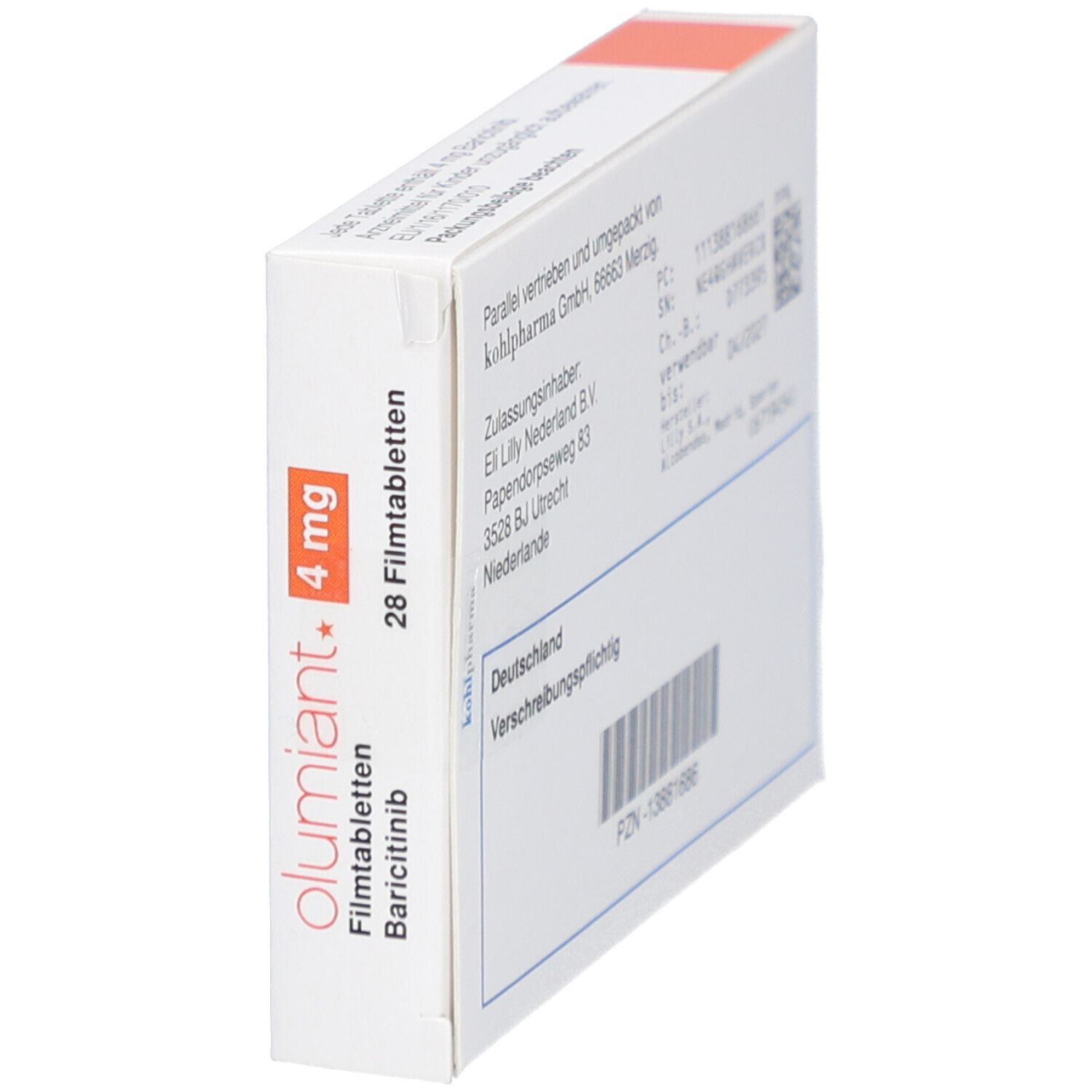 Schachtel mit OLUMIANT 4 mg Filmtabletten. Seitenansicht. Aufdruck: 28 Filmtabletten, Baricitinib, 4 mg.