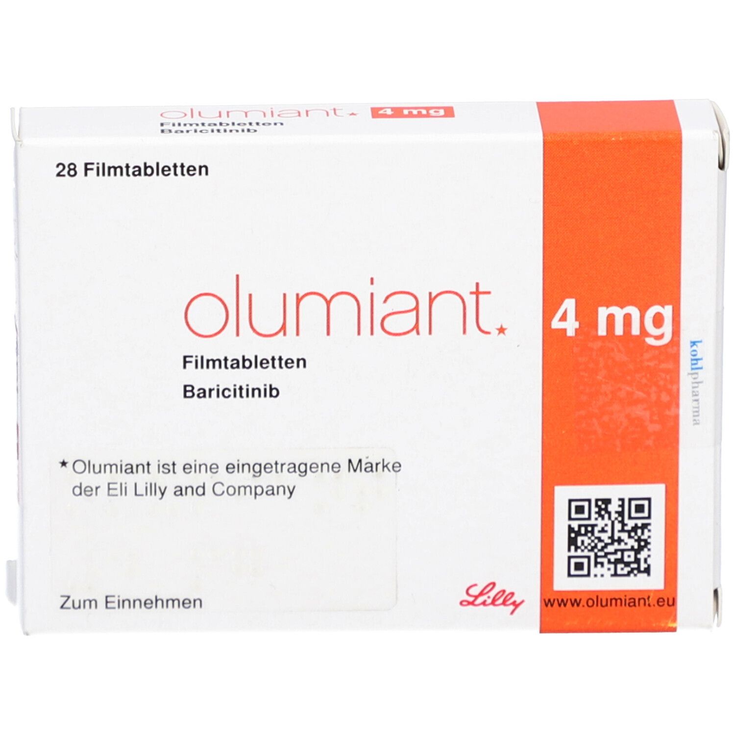Schachtel mit OLUMIANT 4 mg Filmtabletten. Aufschrift: 28 Filmtabletten, Baricitinib. Orangefarbener Streifen.