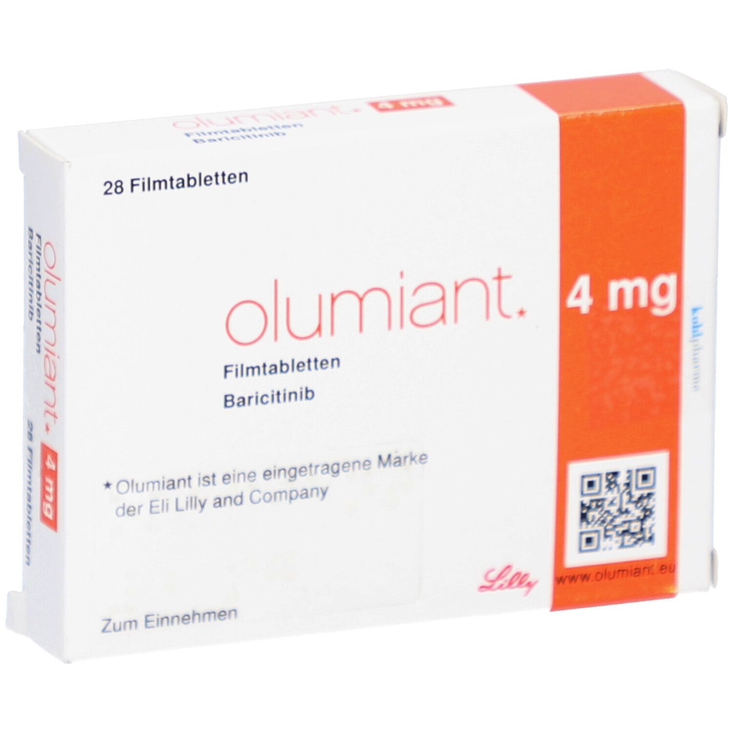 Schachtel mit OLUMIANT 4 mg Filmtabletten. Enthält 28 Tabletten. Aufdruck: Baricitinib, Lilly-Logo, 4 mg.